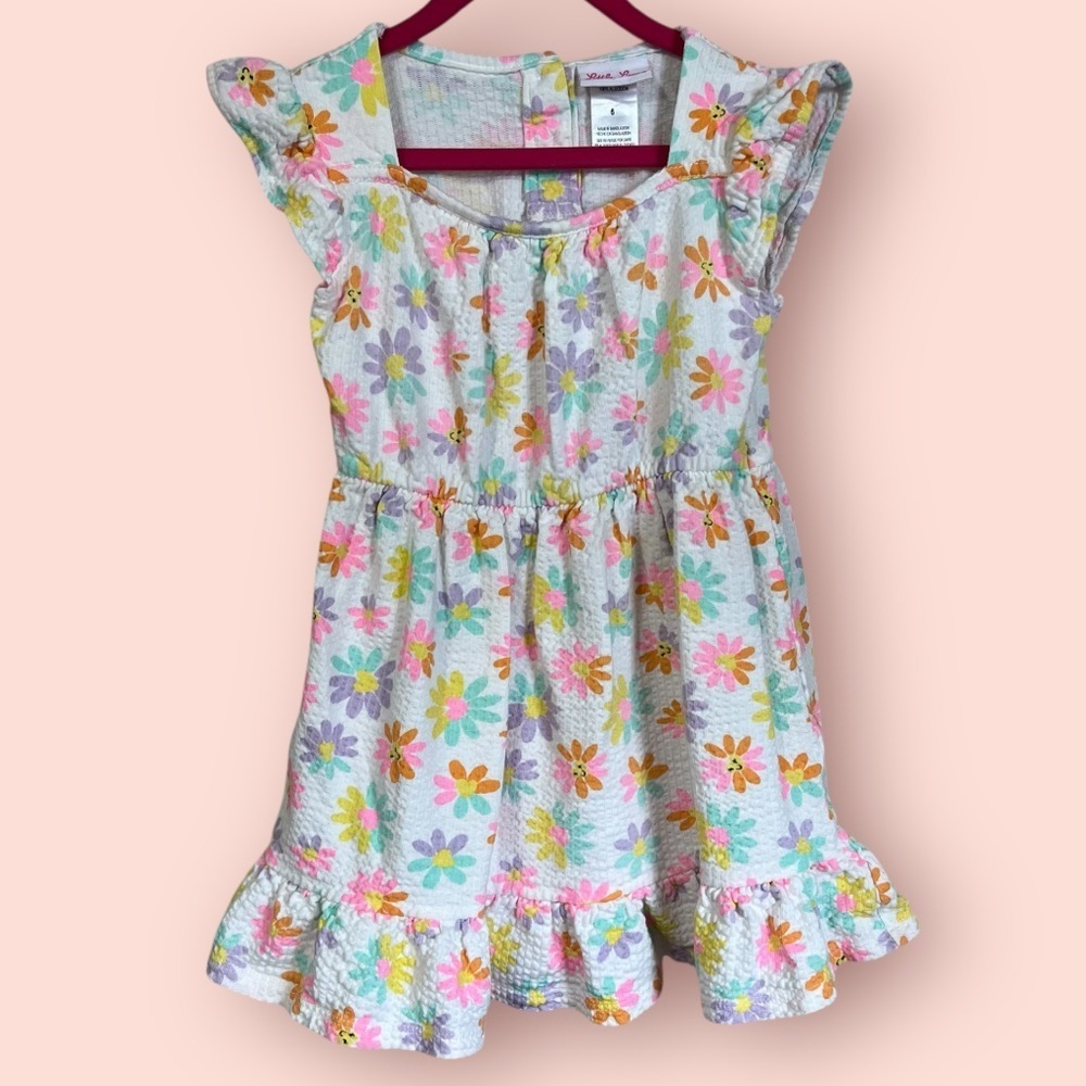 Little Lass 100% Cotton Daisy Smiley Face Dress Size 6 Girls